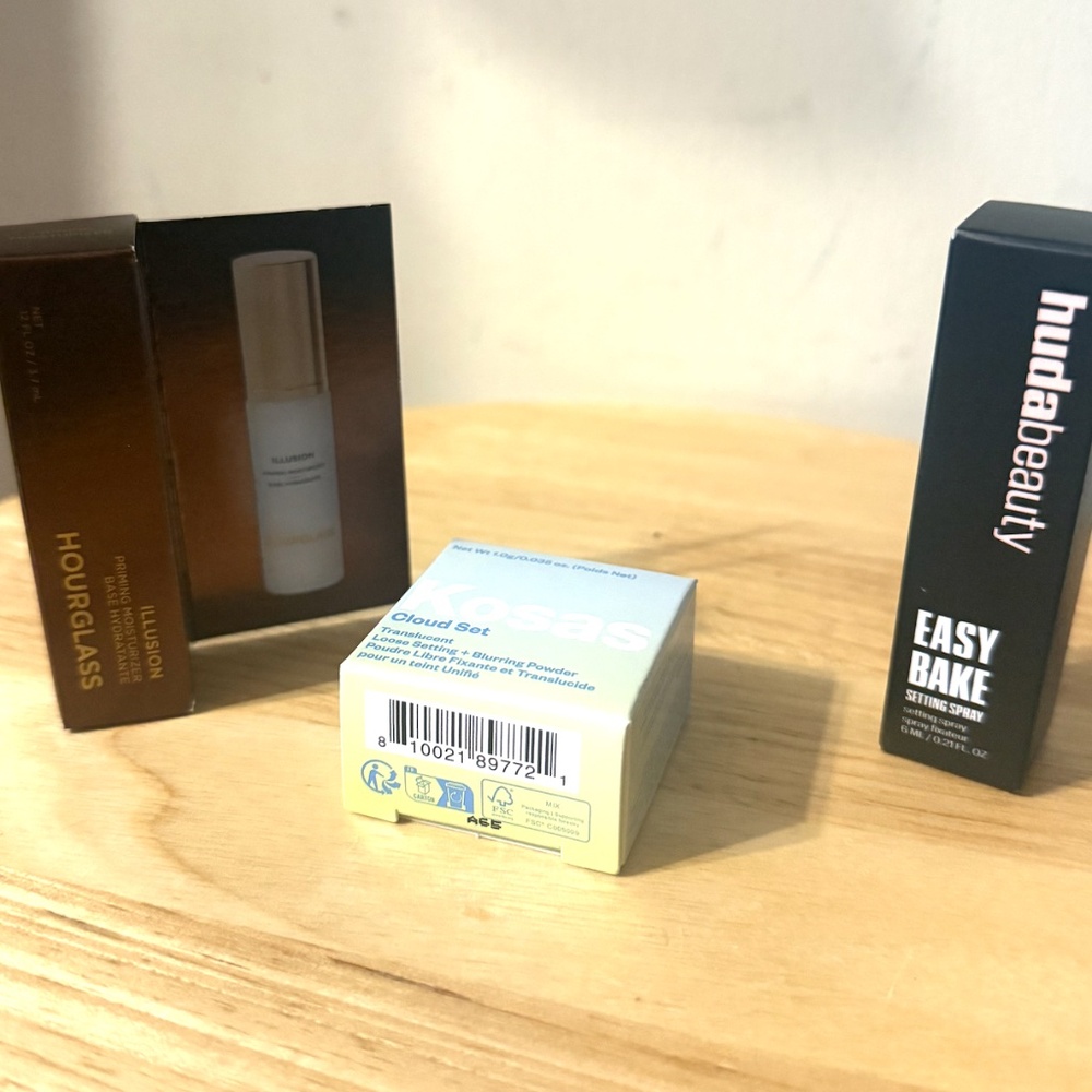 Set of three face products Hourglass Kossas Huda Beauty mini trial sizes NWT